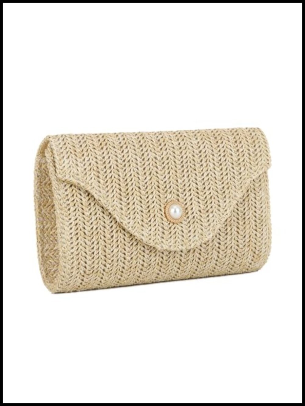 Woven Straw Pearl Evening Clutch with Gold Chain - Summer Beach Handbag